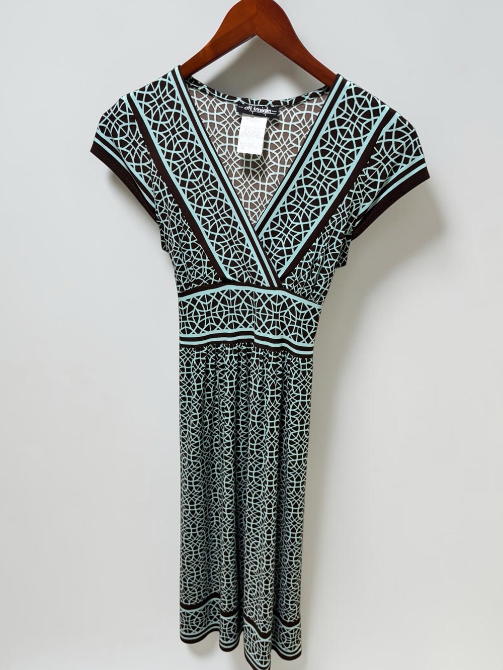 Y2K 2000s City Triangles Teal Brown Geometric Empire Waist Dress Small
